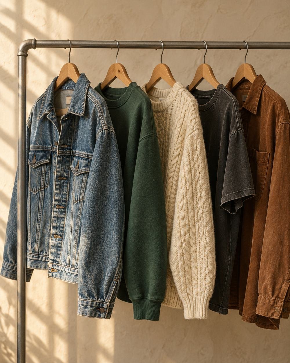 Vintage-Jacken, Sweatshirt und Strickpullover auf einer Kleiderstange bei Good Old Fits