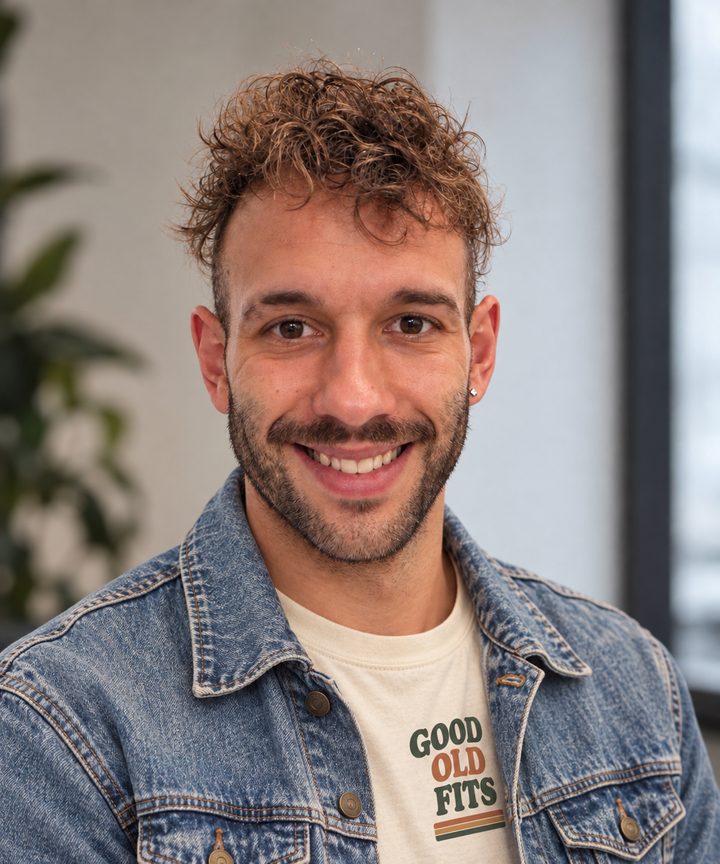 Timo, Gründer von Good Old Fits, in Jeansjacke und Good-Old-Fits-Shirt